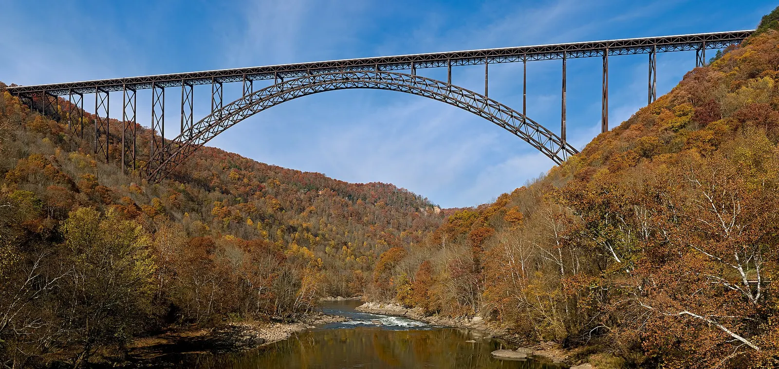 A steel arch bridge spans a forested river gorge with autumn foliage on both slopes and a river flowing below